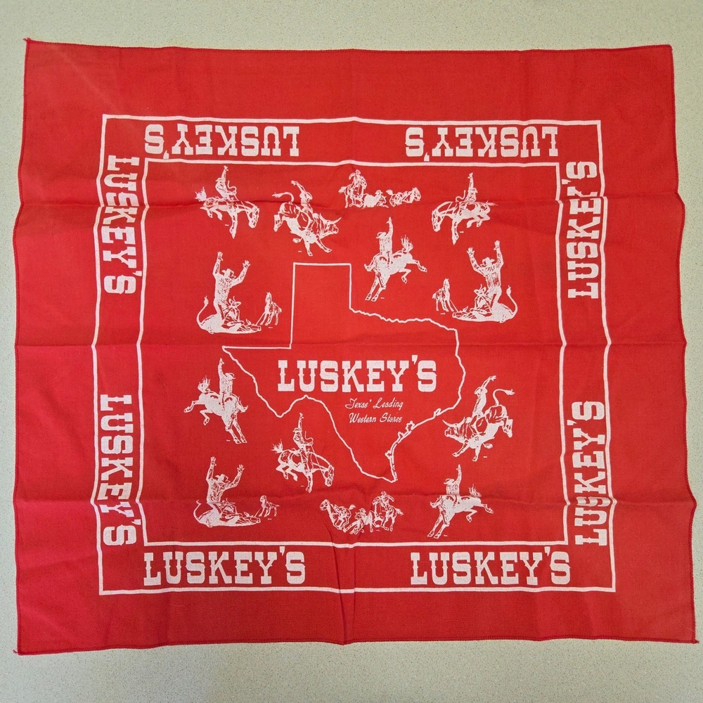 VTG Luskey's Western Store Bandana 70s Red Texas Western Rodeo Bronc Cotton EUC